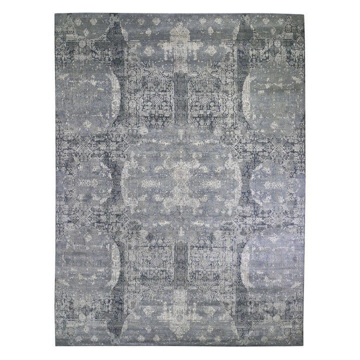 12'0" x 15'1" New Hand Knotted Grey Wool & Pure Silk Rectangle Oriental Rug - MOA10266364