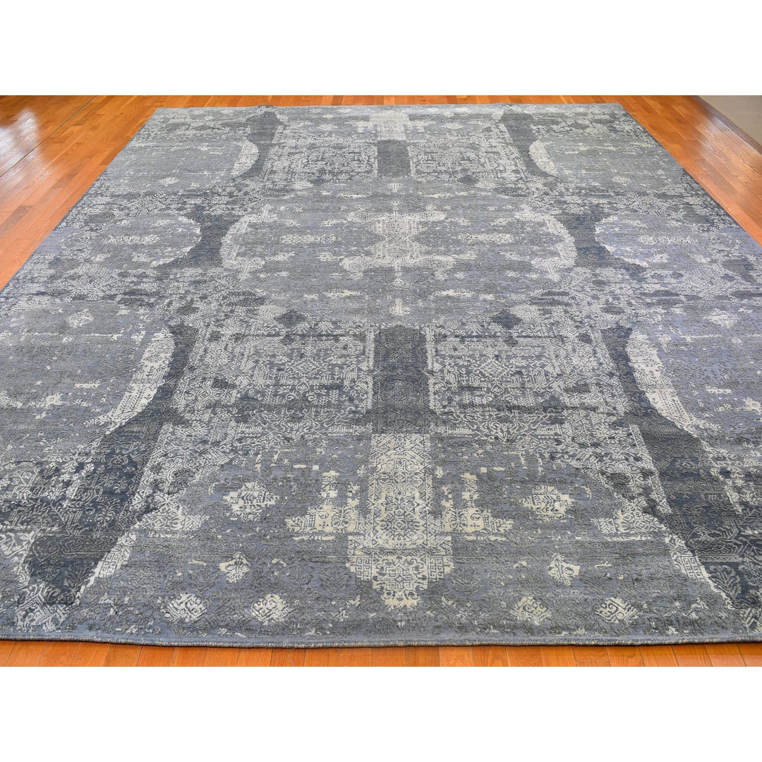 12'0" x 15'1" New Hand Knotted Grey Wool & Pure Silk Rectangle Oriental Rug - MOA10266364