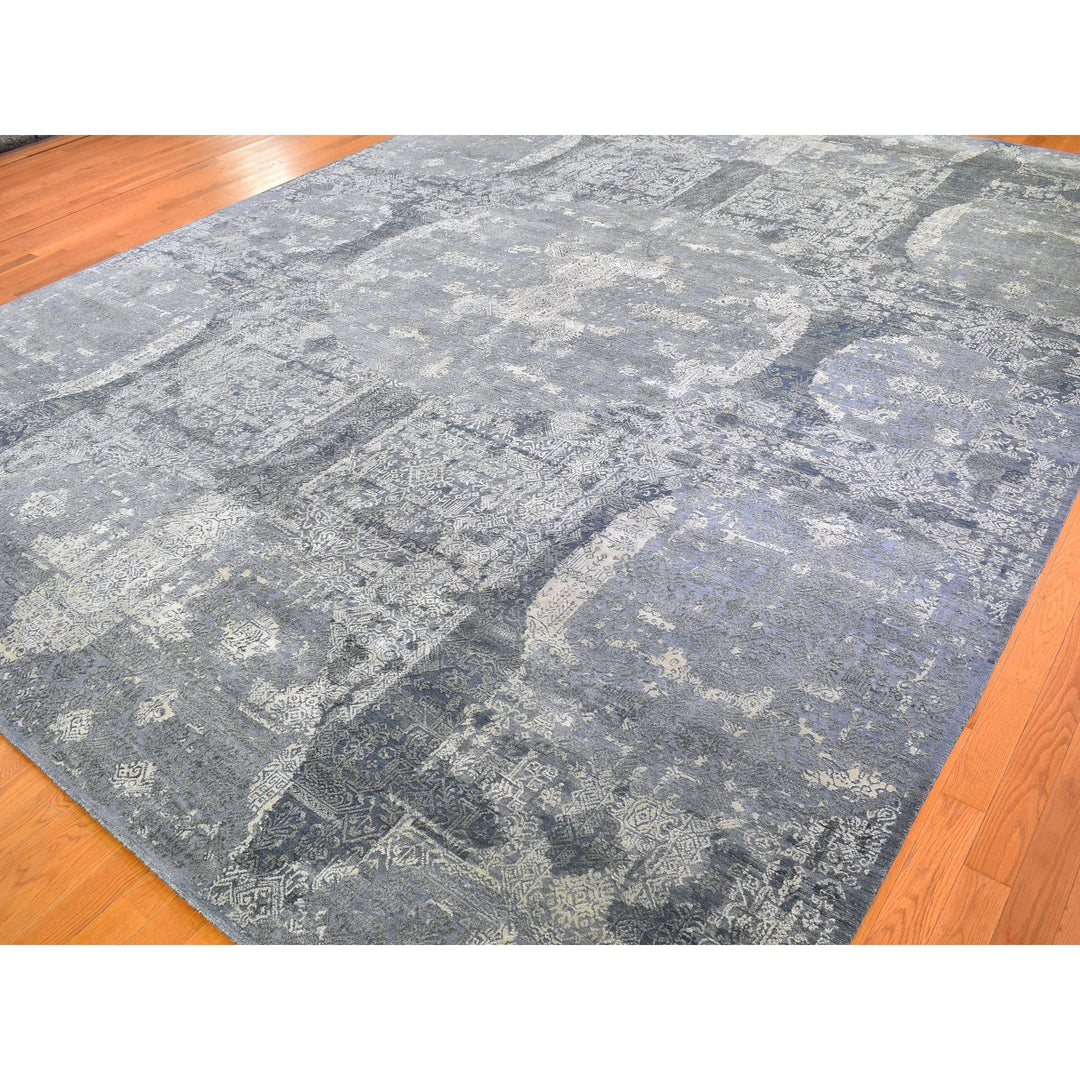 12'0" x 15'1" New Hand Knotted Grey Wool & Pure Silk Rectangle Oriental Rug - MOA10266364