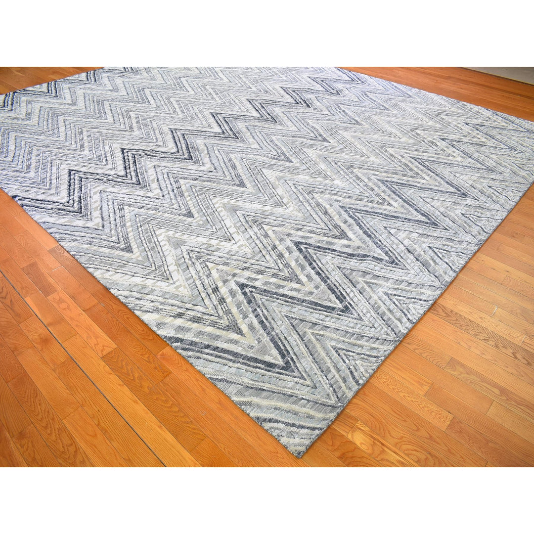 11'10" x 15'0" New Hand Knotted Grey Wool & Silk Rectangle Oriental Rug - MOA10266387