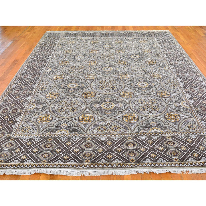 9'1" x 12'0" New Hand Knotted Brown Wool & Silk Rectangle Oriental Rug - MOA10266476