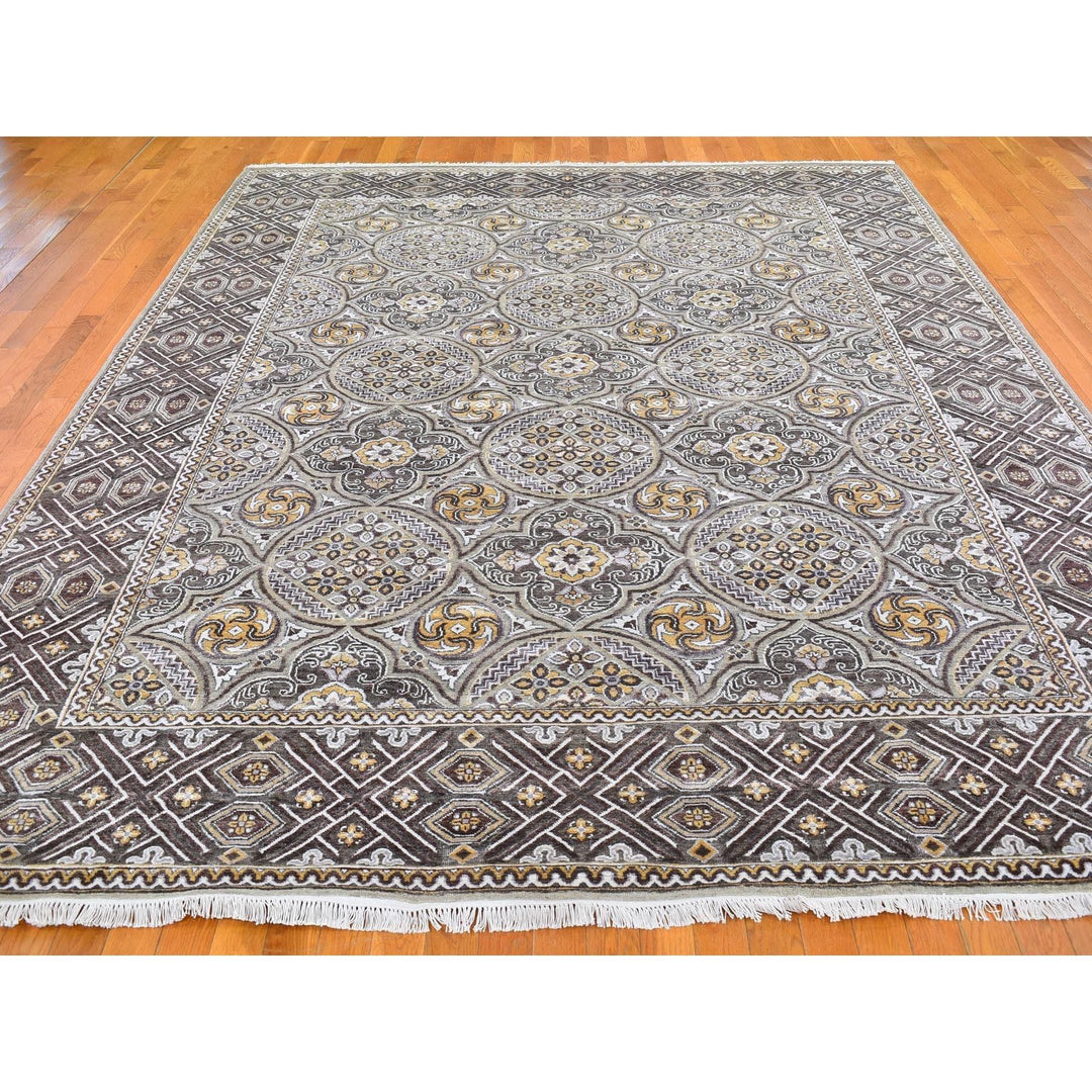 9'0" x 12'2" New Hand Knotted Brown Wool & Silk Rectangle Oriental Rug - MOA10266479