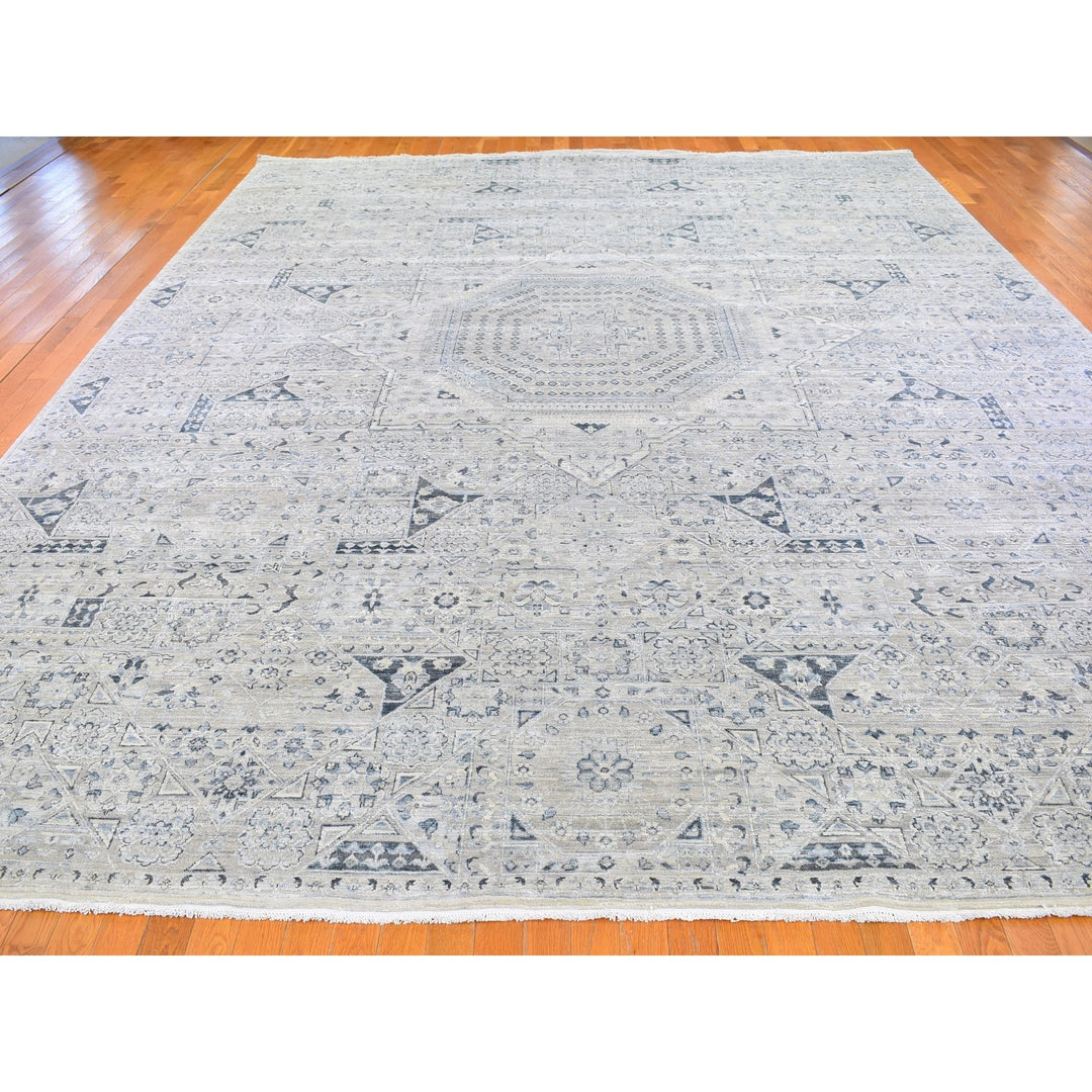 12'0" x 15'2" New Hand Knotted Grey Wool & Silk Rectangle Oriental Rug - MOA10266480