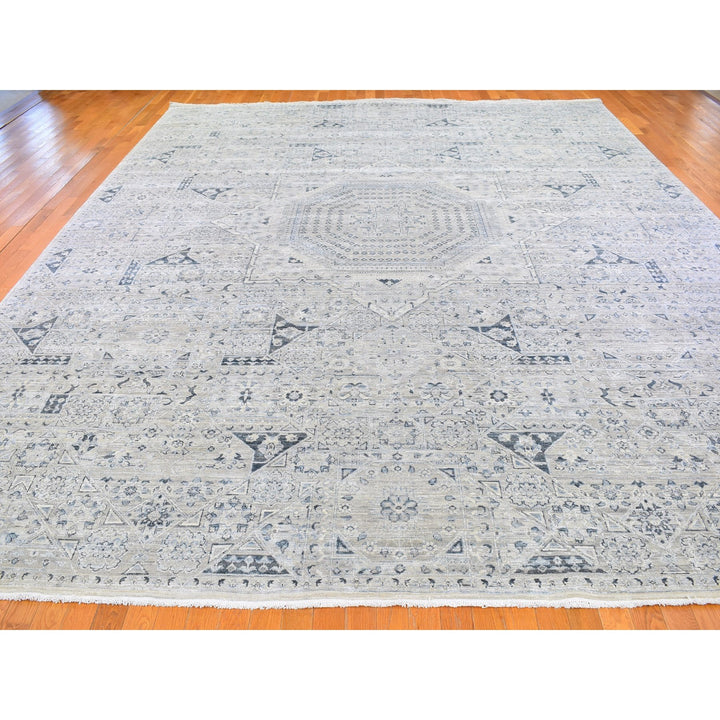 12'0" x 15'2" New Hand Knotted Grey Wool & Silk Rectangle Oriental Rug - MOA10266480