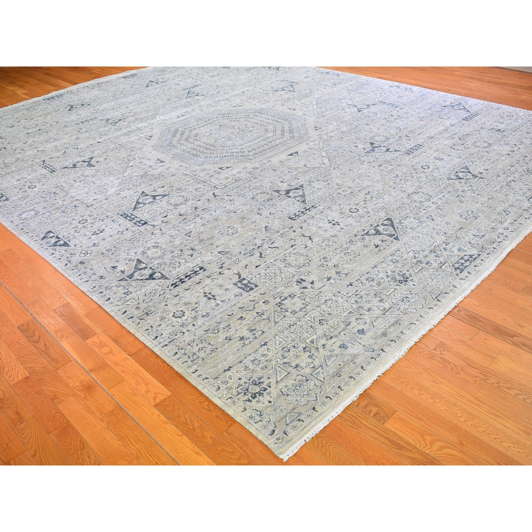 12'0" x 15'2" New Hand Knotted Grey Wool & Silk Rectangle Oriental Rug - MOA10266480