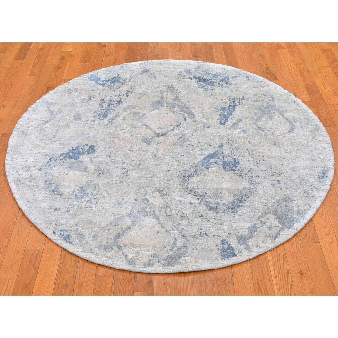 6'1" x 6'1" New Hand Knotted Ivory Wool & Silk Round Oriental Rug - MOA10266486