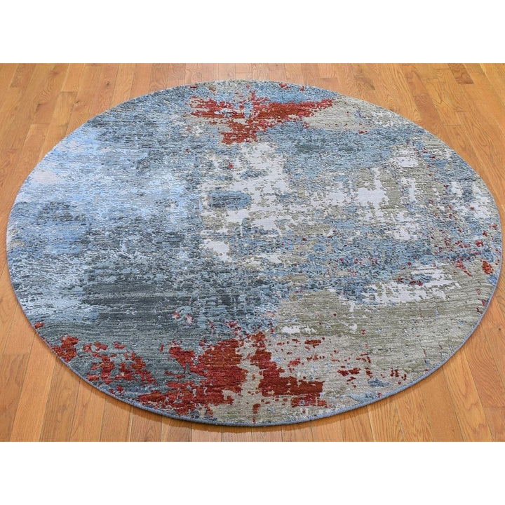 6'0" x 6'0" New Hand Knotted Grey Wool & Silk Round Oriental Rug - MOA10266516