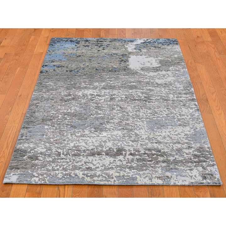 4'0" x 6'0" New Hand Knotted Grey Wool & Silk Rectangle Oriental Rug - MOA10266528