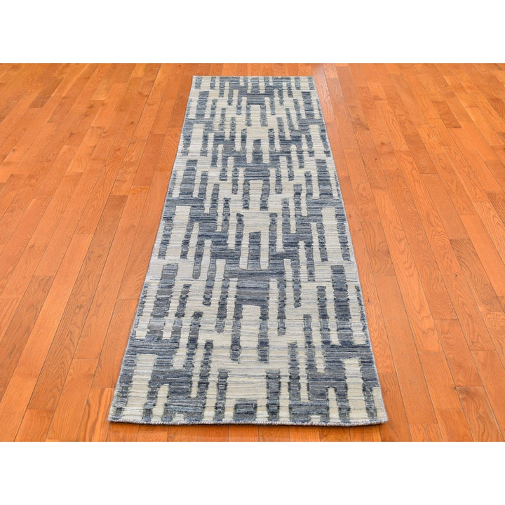 2'6" x 10'3" New Hand Knotted Blue Wool & Silk Rectangle Oriental Rug - MOA10266584