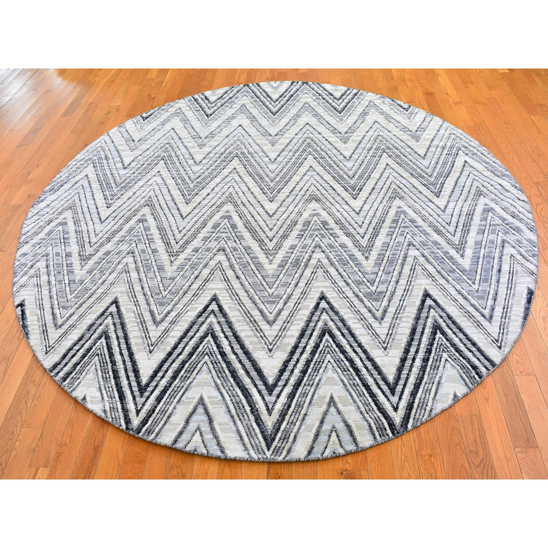 9'0" x 9'0" New Hand Knotted Grey Wool & Silk Round Oriental Rug - MOA10266695