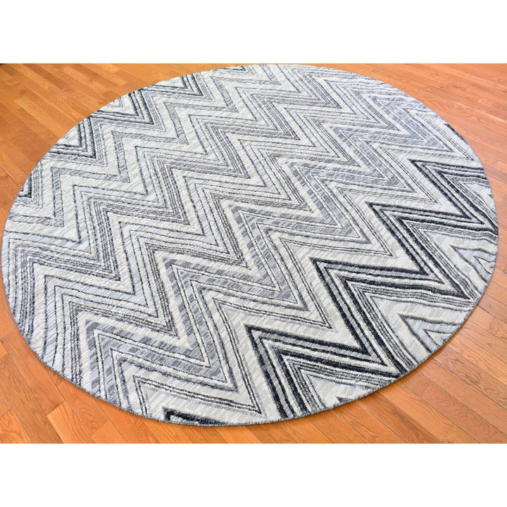 9'0" x 9'0" New Hand Knotted Grey Wool & Silk Round Oriental Rug - MOA10266695