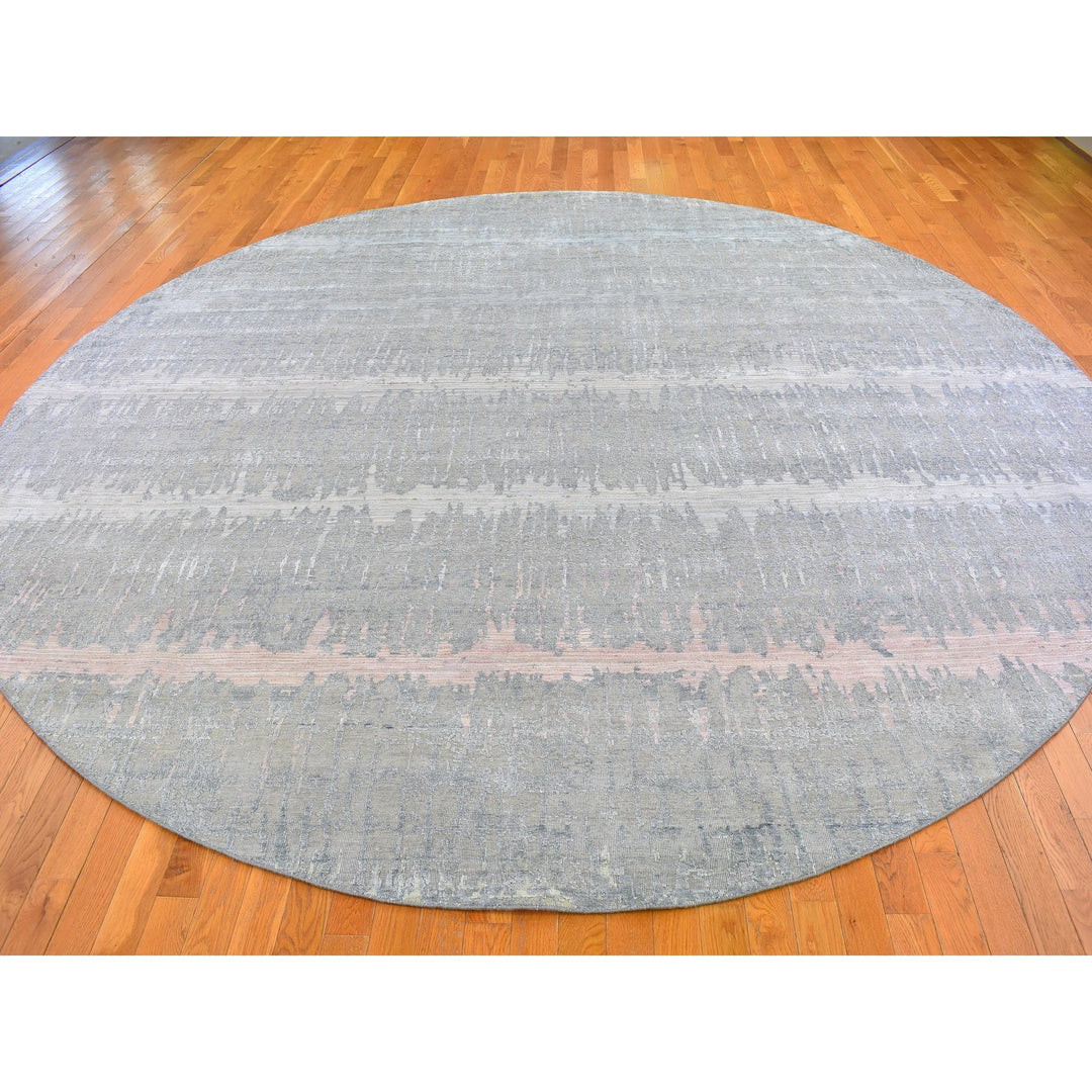 12'0" x 12'0" New Hand Knotted Grey Wool & Silk Round Oriental Rug - MOA10266700