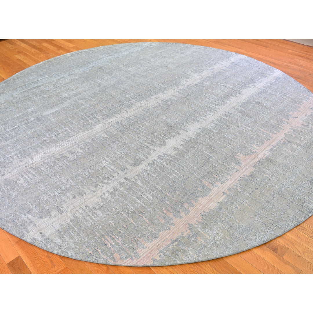 12'0" x 12'0" New Hand Knotted Grey Wool & Silk Round Oriental Rug - MOA10266700