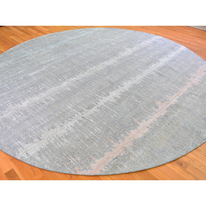 12'0" x 12'0" New Hand Knotted Grey Wool & Silk Round Oriental Rug - MOA10266700