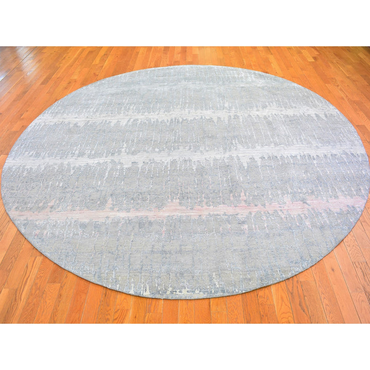 10'1" x 10'1" New Hand Knotted Grey Wool & Silk Round Oriental Rug - MOA10266701