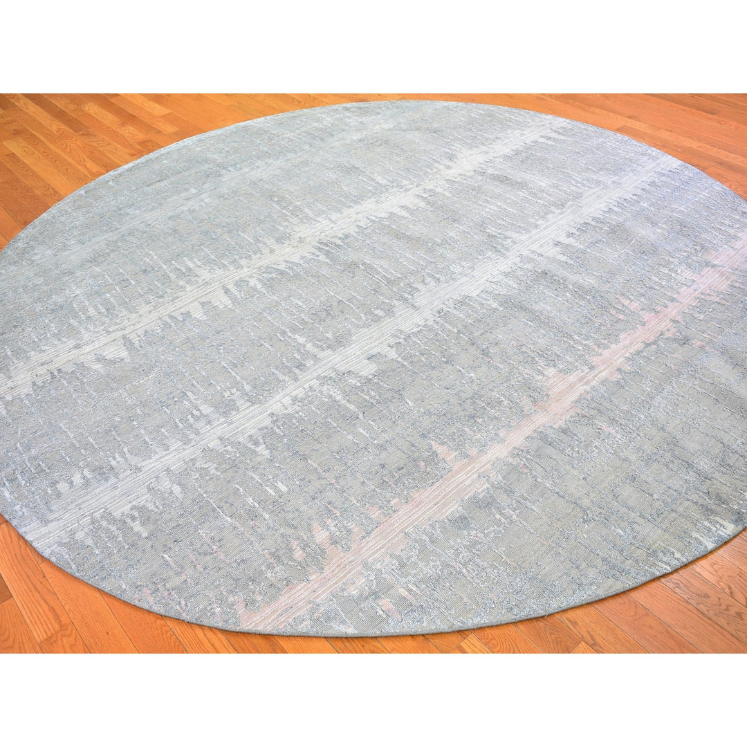 10'1" x 10'1" New Hand Knotted Grey Wool & Silk Round Oriental Rug - MOA10266701