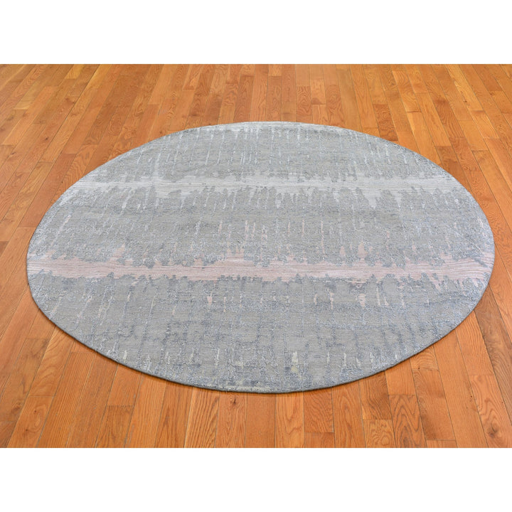 6'0" x 6'0" New Hand Knotted Grey Wool & Silk Round Oriental Rug - MOA10266707