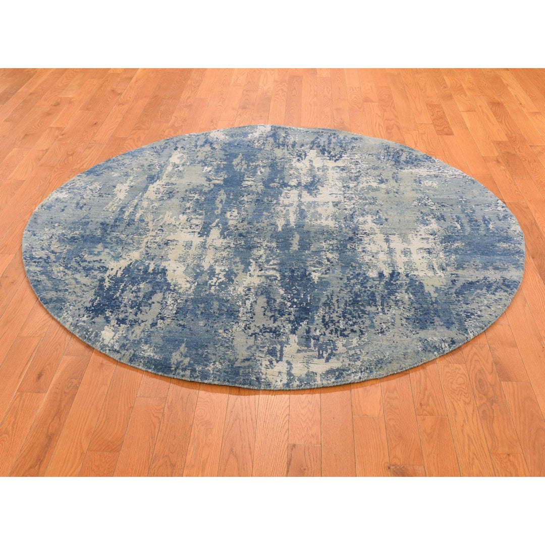 6'2" x 6'2" New Hand Knotted Blue Wool & Pure Silk Round Oriental Rug - MOA10266717