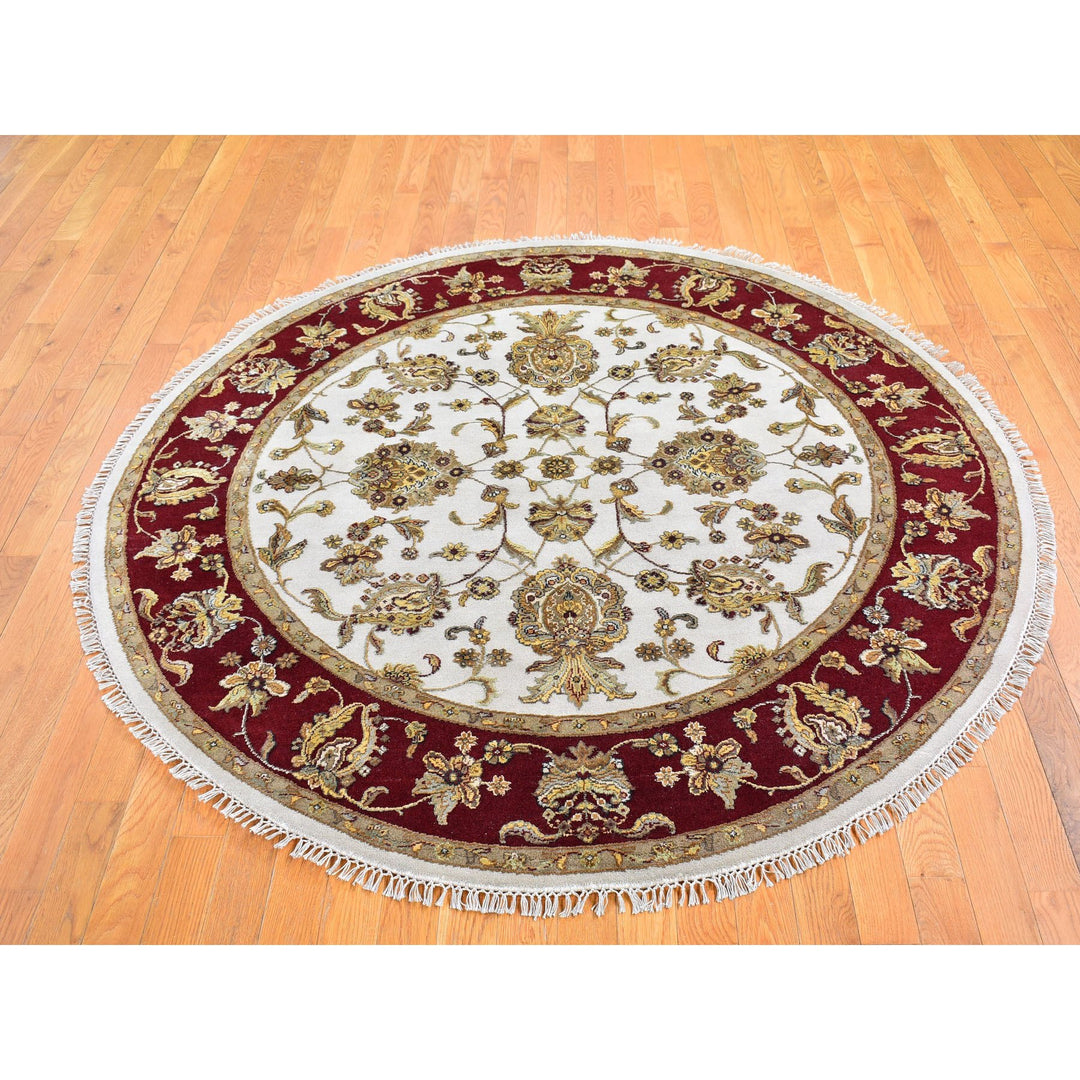 6'1" x 6'1" New Hand Knotted Ivory Wool & Silk Round Oriental Rug - MOA10266726