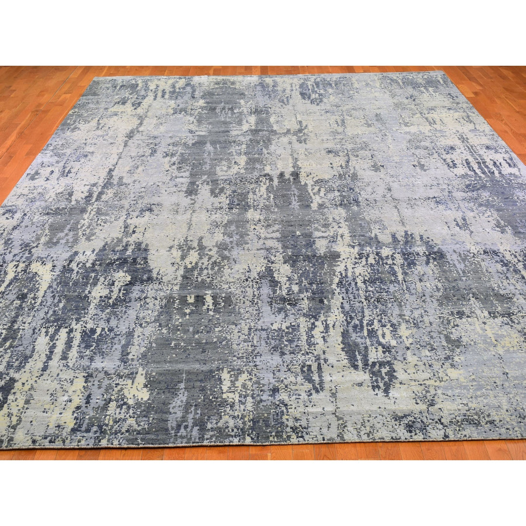 12'0" x 18'1" New Hand Knotted Grey Wool & Silk Rectangle Oriental Rug - MOA10266732