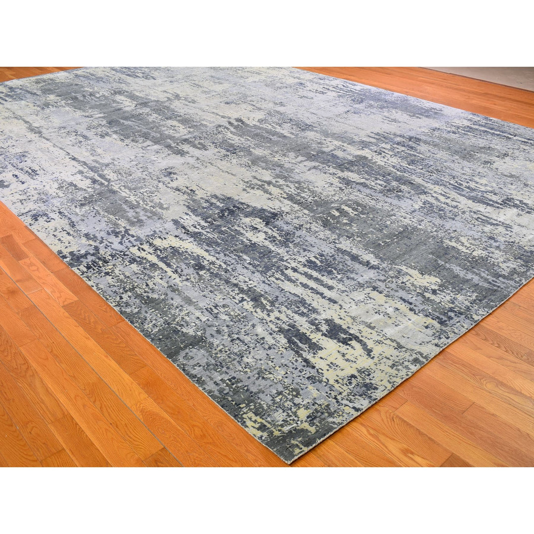 12'0" x 18'1" New Hand Knotted Grey Wool & Silk Rectangle Oriental Rug - MOA10266732