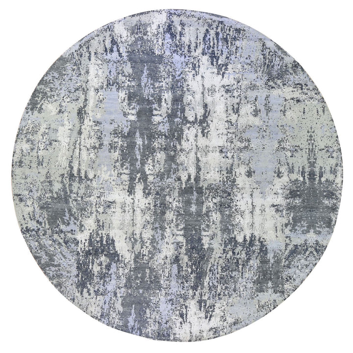 12'1" x 12'1" New Hand Knotted Grey Wool & Silk Round Oriental Rug - MOA10266733