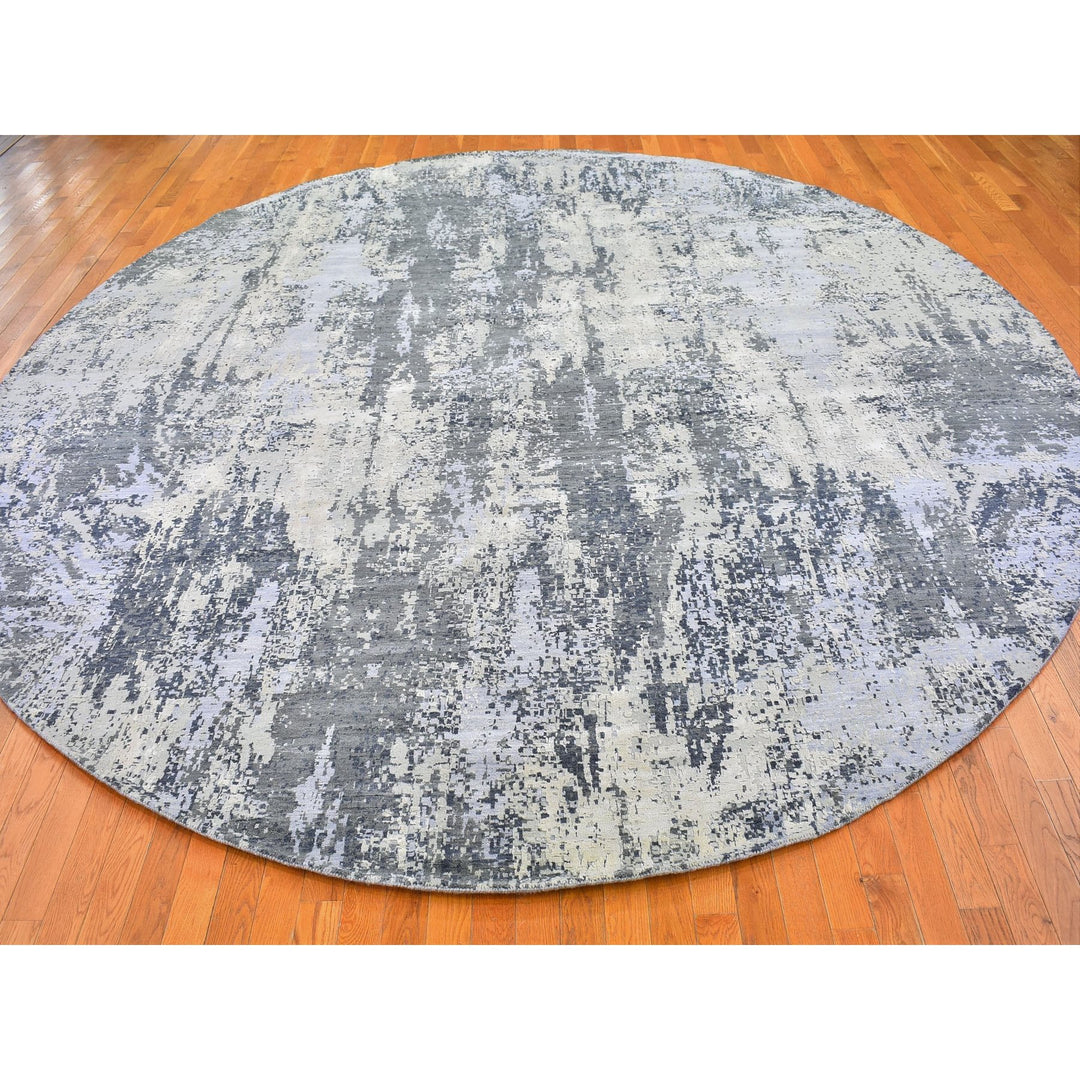 12'1" x 12'1" New Hand Knotted Grey Wool & Silk Round Oriental Rug - MOA10266733