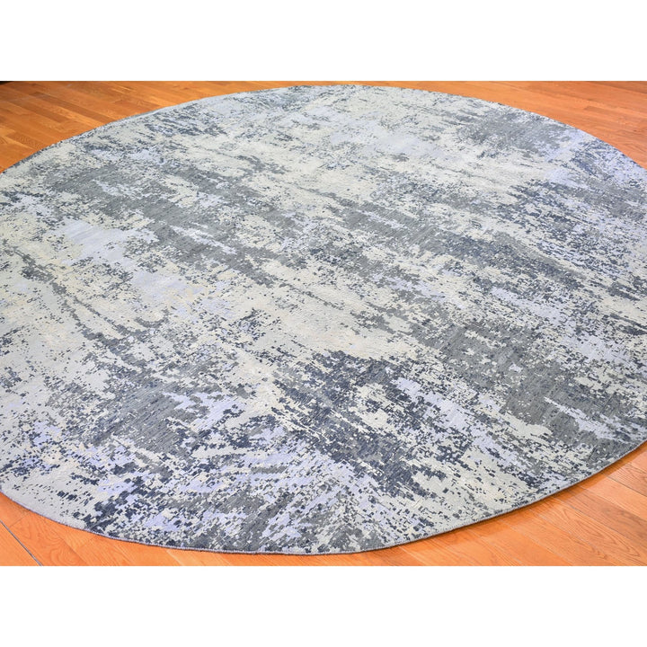 12'1" x 12'1" New Hand Knotted Grey Wool & Silk Round Oriental Rug - MOA10266733