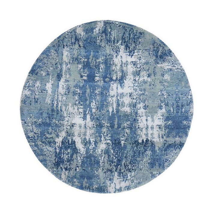 6'2" x 6'2" New Hand Knotted Blue Wool & Pure Silk Round Oriental Rug - MOA10266755