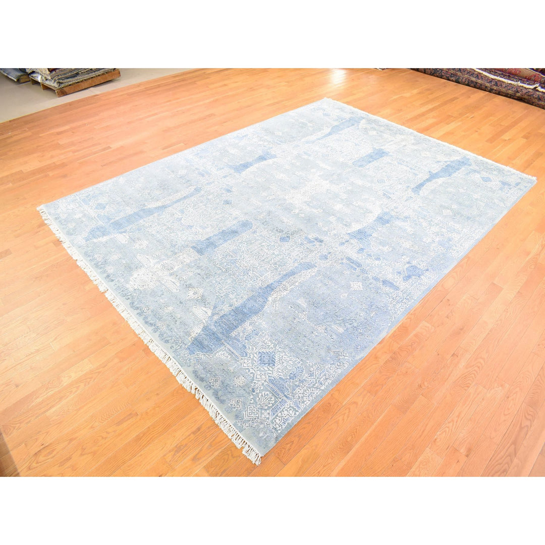 9'0" x 12'2" New Hand Knotted Blue Wool & Pure Silk Rectangle Oriental Rug - MOA10266954