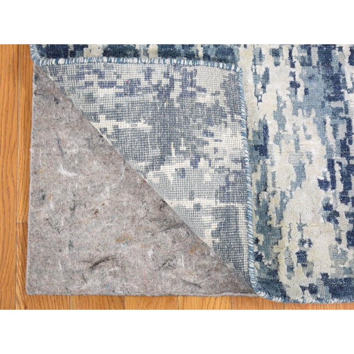 3'8" x 17'2" New Hand Knotted Blue Wool & Silk Runner Oriental Rug - MOA10266984