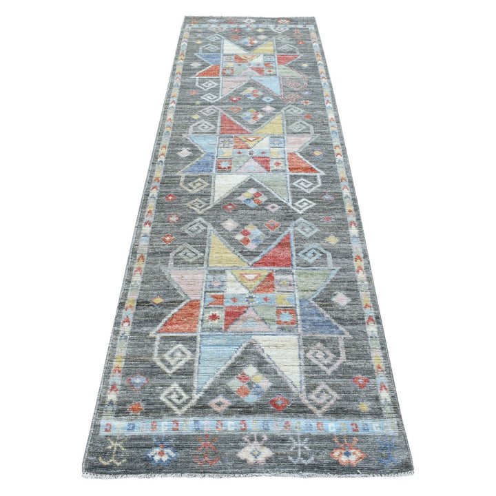 2'8" x 9'7" New Hand Knotted Grey Wool Runner Oriental Rug - MOA10268337