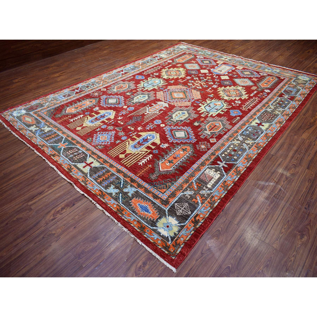 9'0" x 12'0" New Hand Knotted Red Wool Rectangle Oriental Rug - MOA10271364