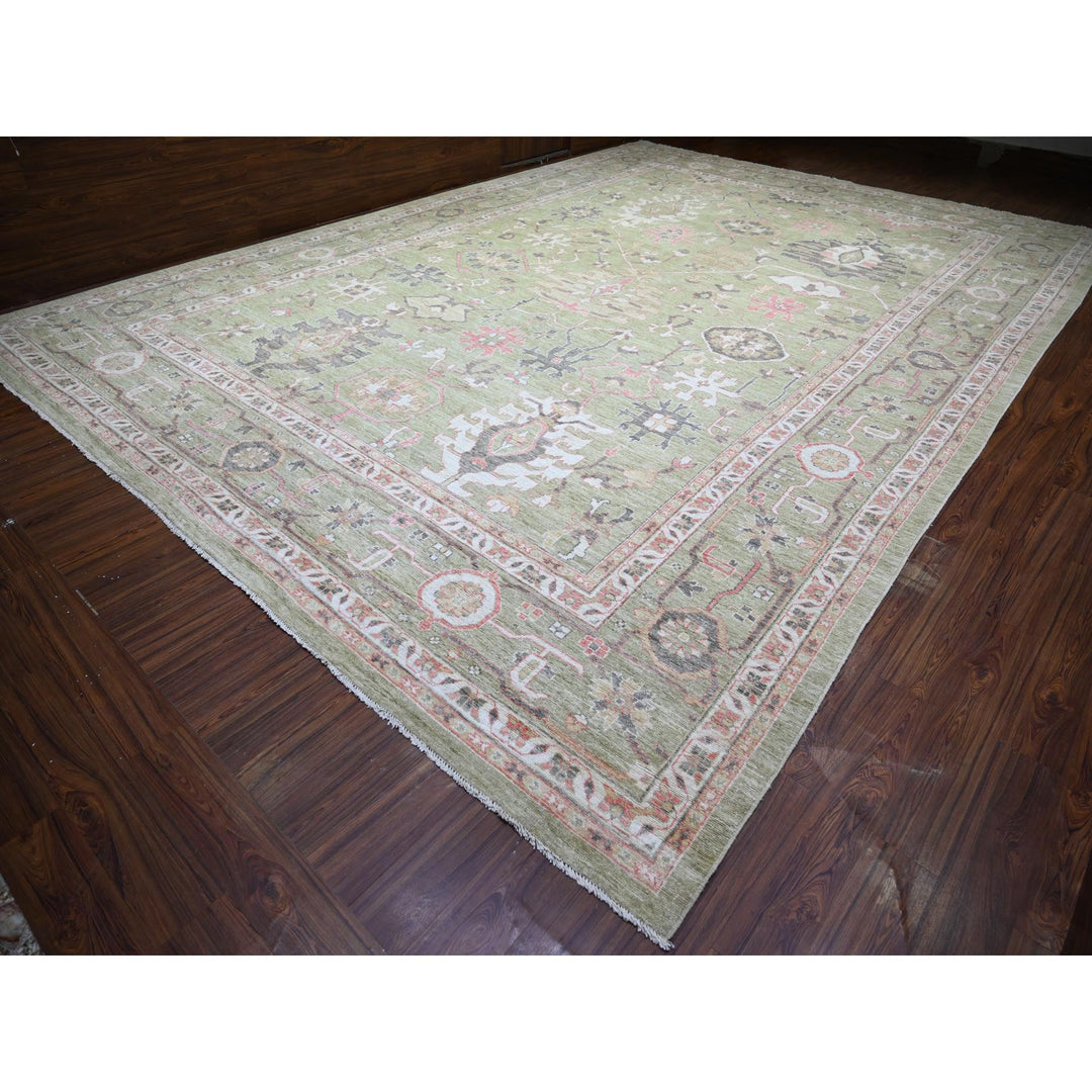 13'10" x 19'8" New Hand Knotted Green Wool Rectangle Oriental Rug - MOA10273448