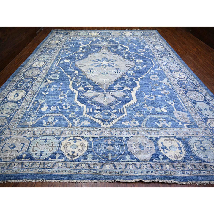 11'9" x 15'1" New Hand Knotted Blue Wool Rectangle Oriental Rug - MOA10273666