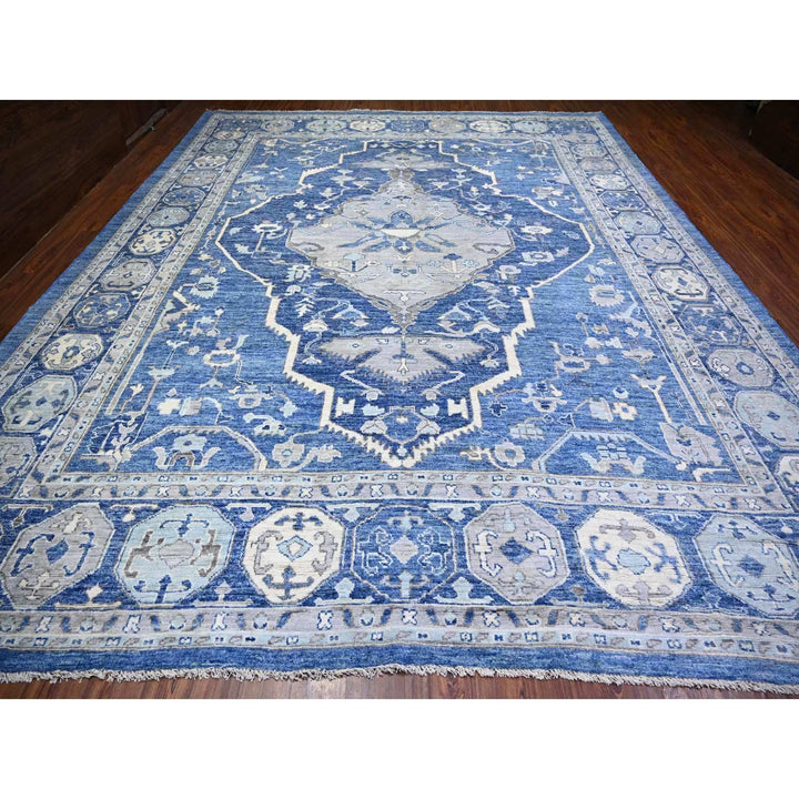 11'10" x 15'1" New Hand Knotted Blue Wool Rectangle Oriental Rug - MOA10273708