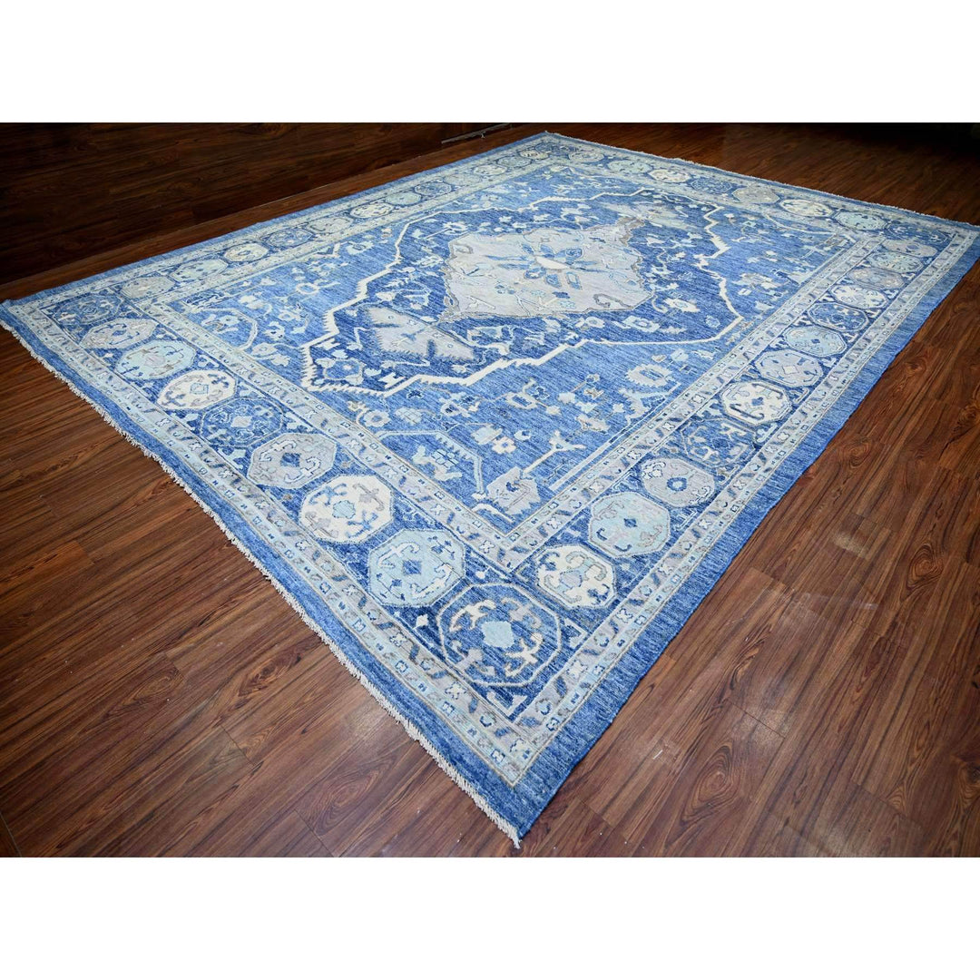 11'10" x 15'1" New Hand Knotted Blue Wool Rectangle Oriental Rug - MOA10273708
