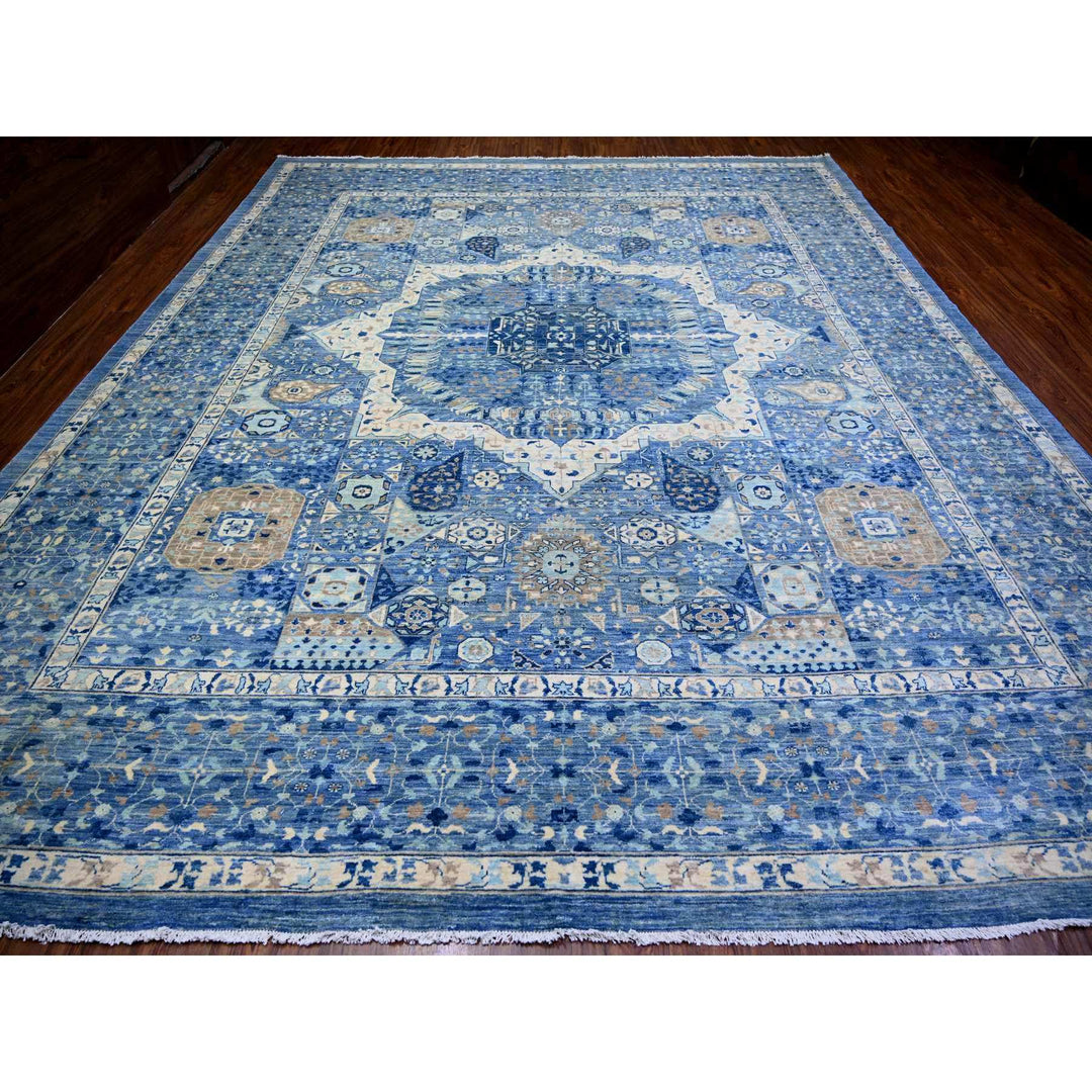 11'9" x 14'4" New Hand Knotted Blue Wool Rectangle Oriental Rug - MOA10273954