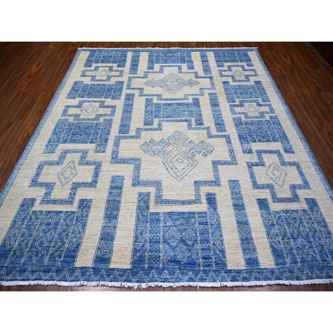 8'0" x 9'0" New Hand Knotted Blue Wool Rectangle Oriental Rug - MOA10274277