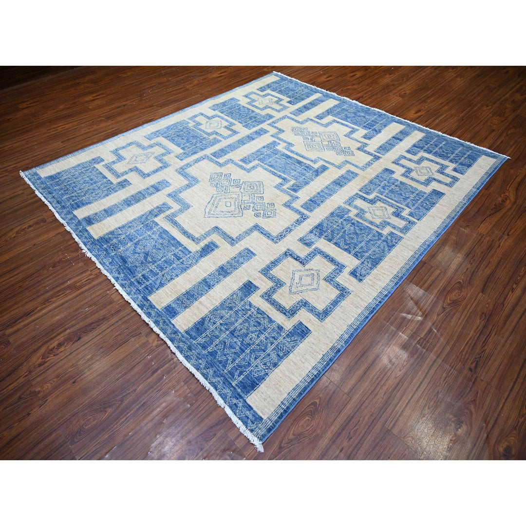 8'0" x 9'0" New Hand Knotted Blue Wool Rectangle Oriental Rug - MOA10274277