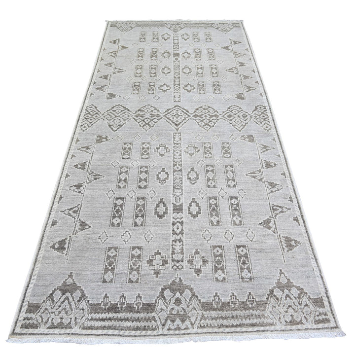 4'2" x 9'2" New Hand Knotted Grey Wool Runner Oriental Rug - MOA10274326