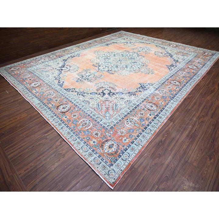 12'2" x 15'2" Vintage Hand Knotted Orange Wool Rectangle Oriental Rug - MOA10274483