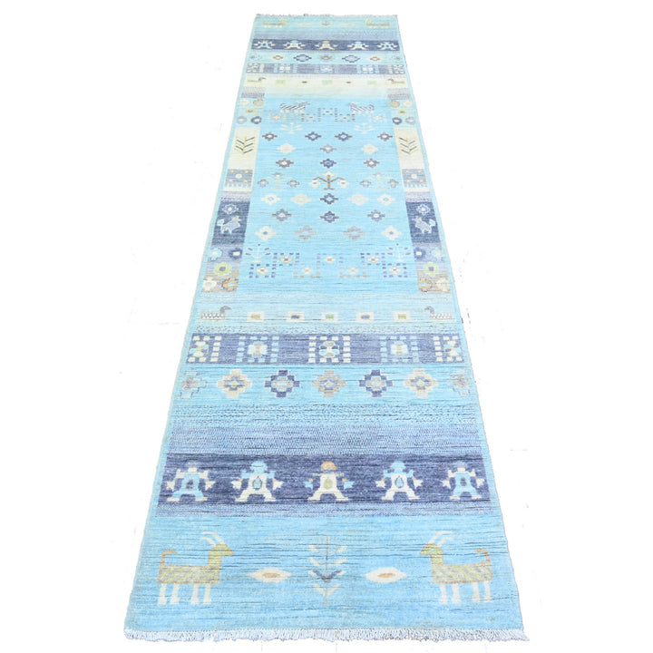 2'8" x 10'11" New Hand Knotted Blue Wool Runner Oriental Rug - MOA10274690