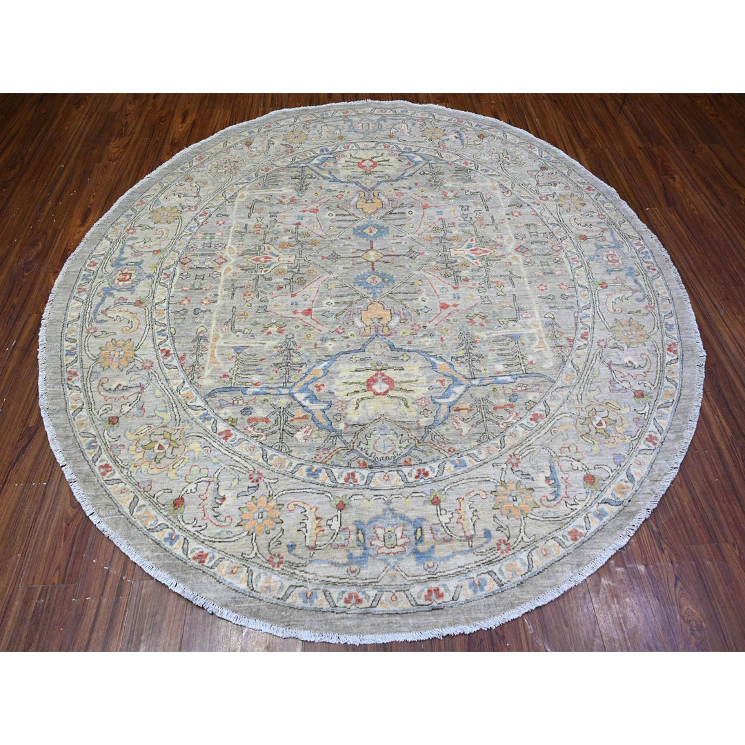 8'0" x 8'0" New Hand Knotted Grey Wool Round Oriental Rug - MOA10274820