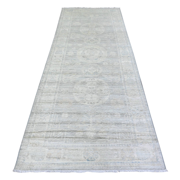 3'9" x 9'9" New Hand Knotted Grey Wool Runner Oriental Rug - MOA10274950