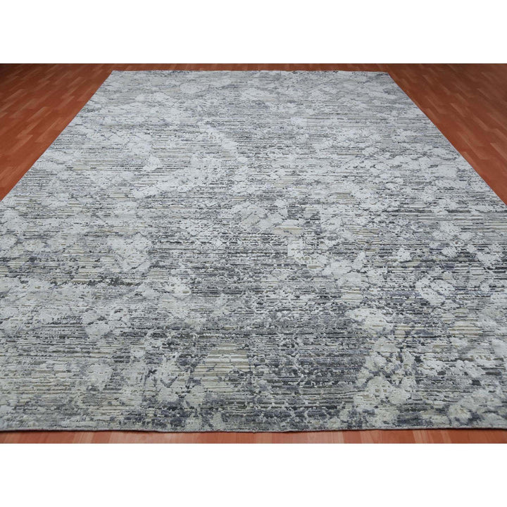 11'9" x 15'3" New Hand Knotted Grey Wool & Silk Rectangle Oriental Rug - MOA10275013