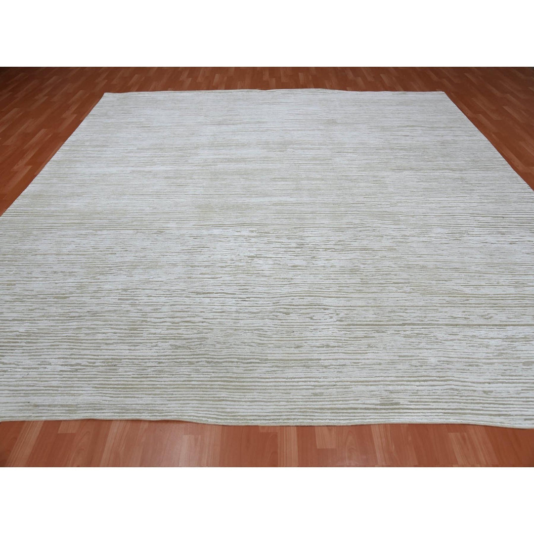 11'10" x 11'10" New Hand Knotted Ivory Wool & Silk Square Oriental Rug - MOA10275016