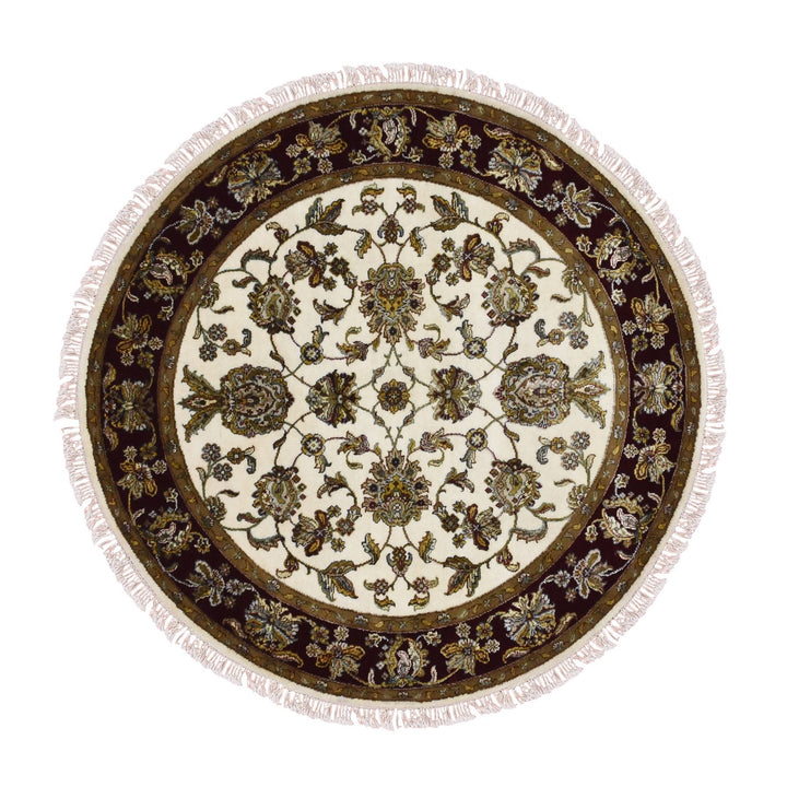 5'2" x 5'2" New Hand Knotted Ivory Wool & Silk Round Oriental Rug - MOA10275061