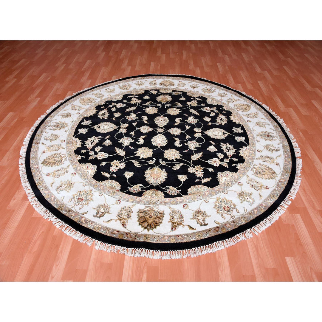 8'2" x 8'3" New Hand Knotted Black Wool & Silk Round Oriental Rug - MOA10275066