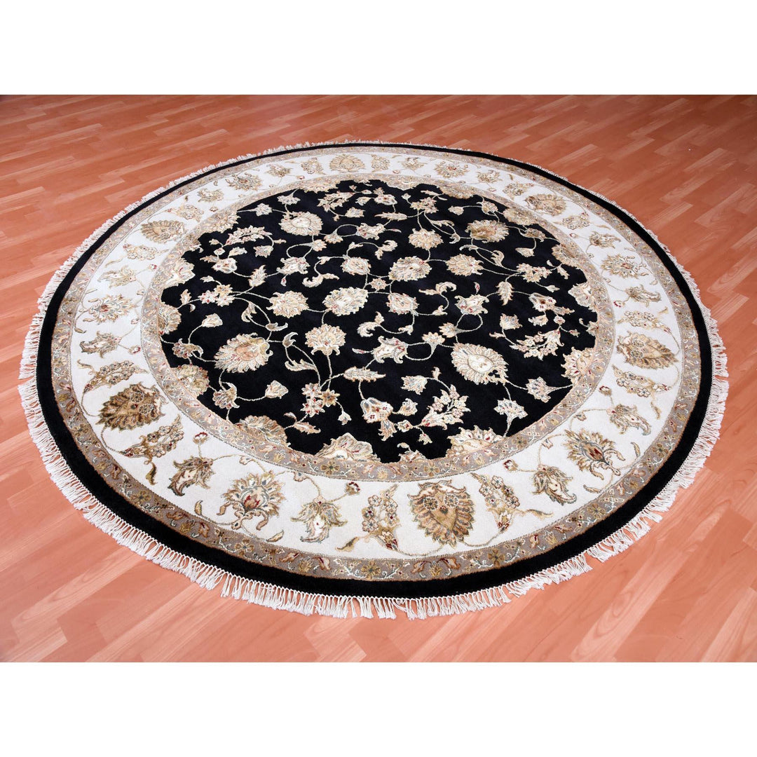 8'2" x 8'3" New Hand Knotted Black Wool & Silk Round Oriental Rug - MOA10275066